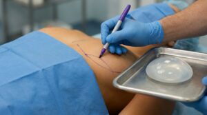 Surgeon marking pre-operative guide lines for breast augmentation after weight loss, with a silicone implant on a tray