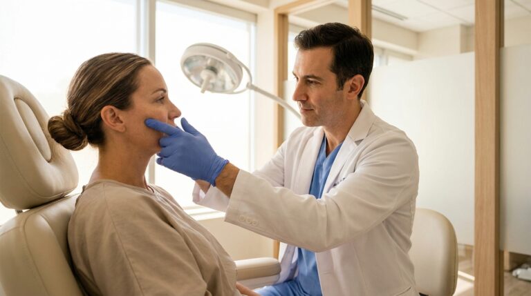 Plastic surgeon assessing a patient's cheekbone contour during cheek augmentation consultation
