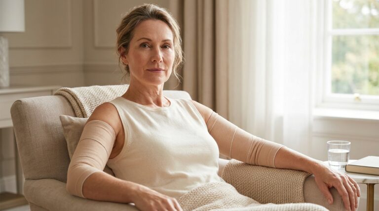 Woman recovering after arm lift surgery with compression sleeves on her upper arms