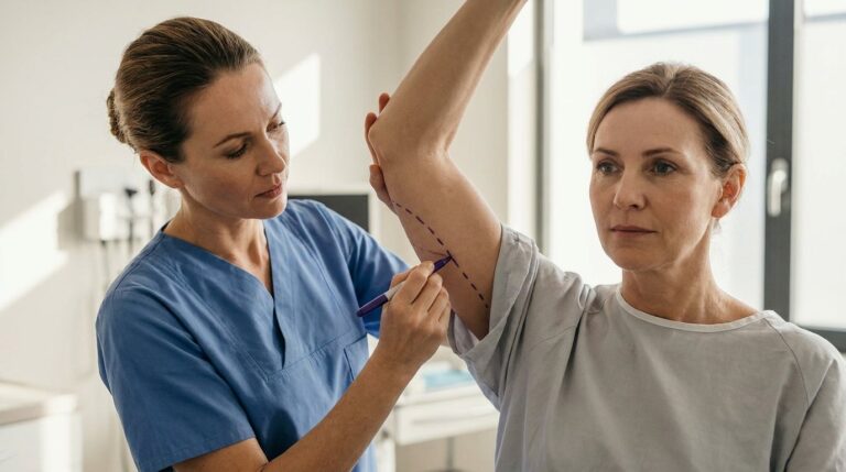 Surgeon drawing pre-operative marking lines on a patient's upper arm before an arm lift