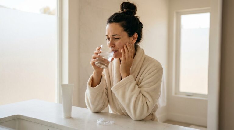 Woman experiencing brief tooth sensitivity with cold water after teeth whitening