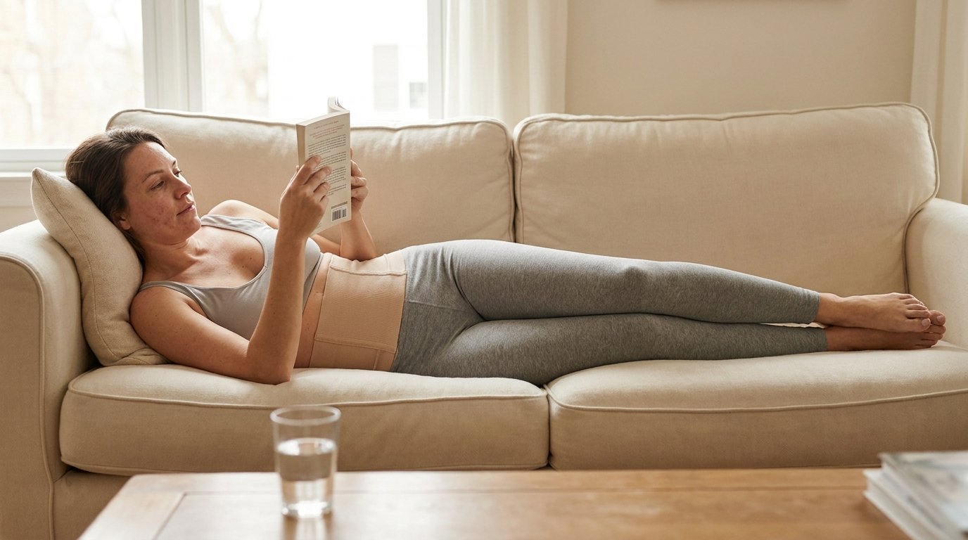 Woman lying on her side on a sofa in a compression garment during early BBL recovery