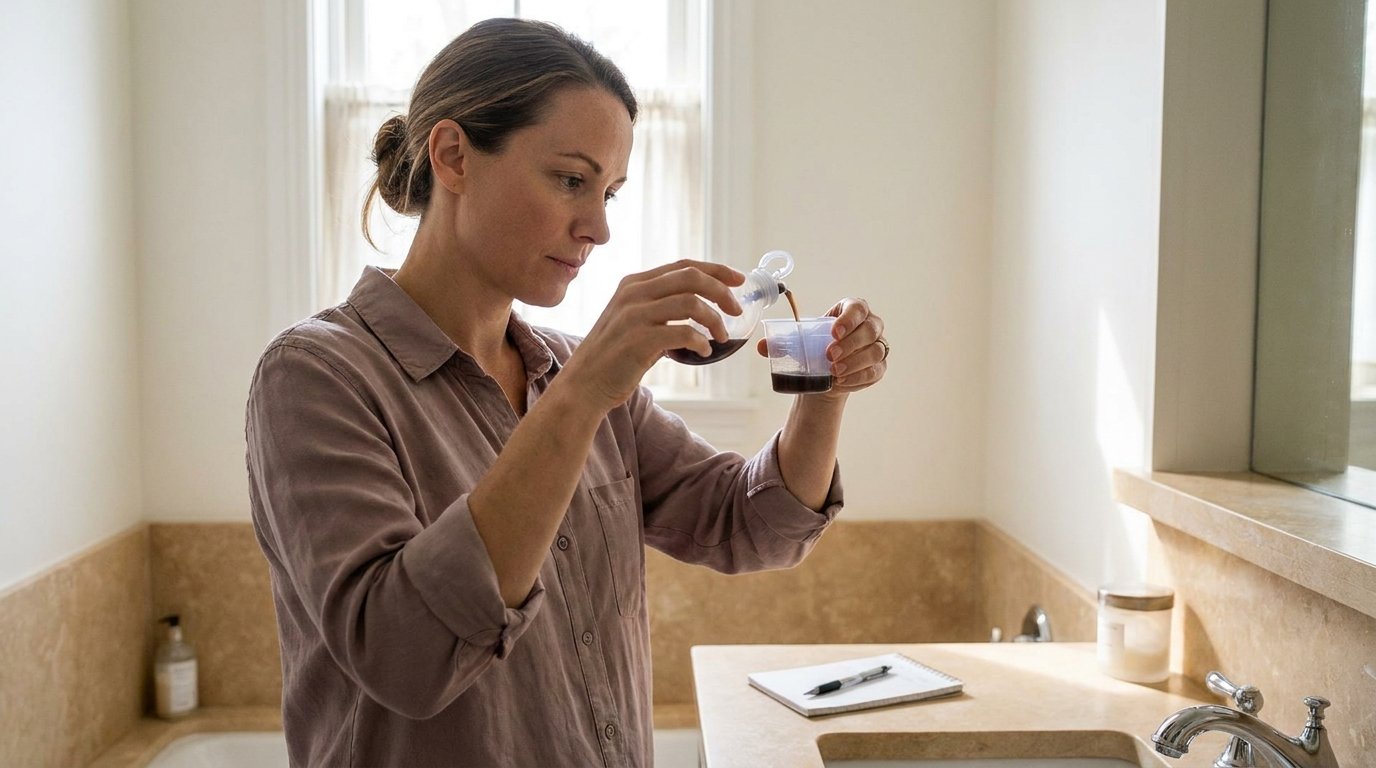 Woman measuring the output of her surgical drain into a small cup after breast implant removal