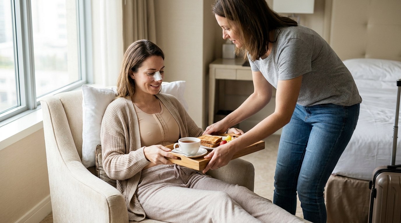 Companion bringing a meal to a patient wearing a nasal splint and compression garment while recovering in a hotel room