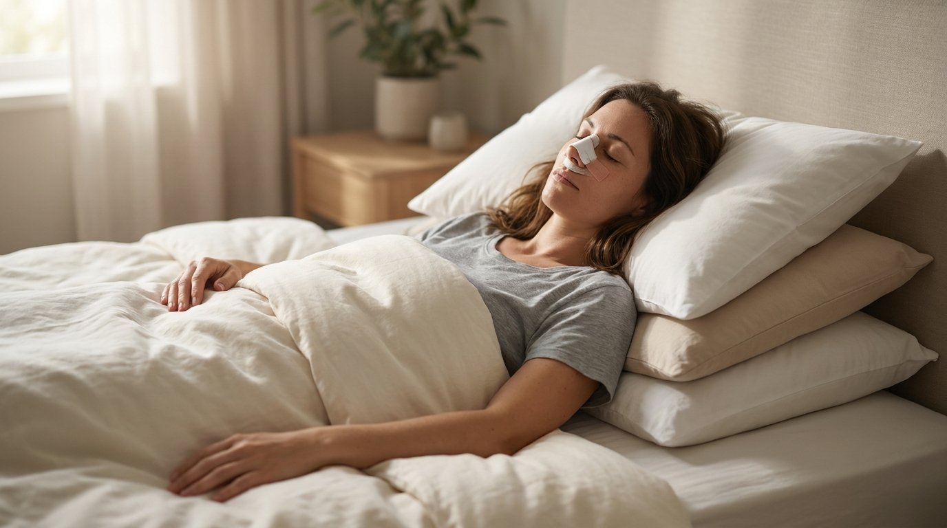 Woman sleeping on her back with upper body elevated on pillows and a nasal splint after rhinoplasty