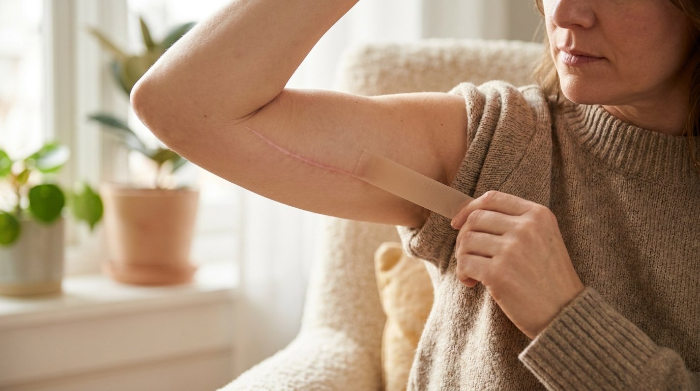Woman applying silicone scar tape along the healed inner-arm scar line months after an arm lift