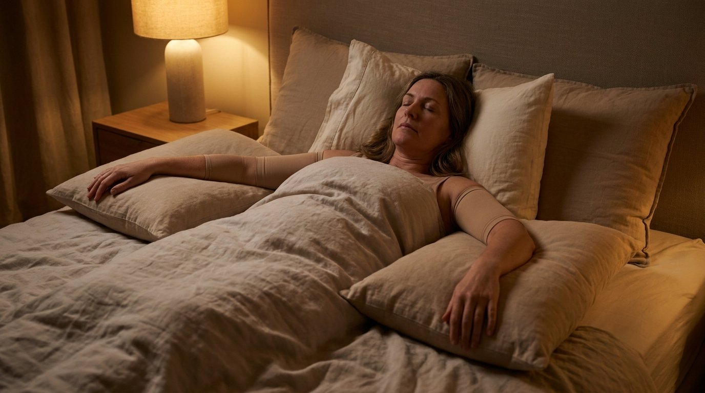 Woman sleeping on her back with upper body raised and pillows supporting both arms in compression sleeves after an arm lift