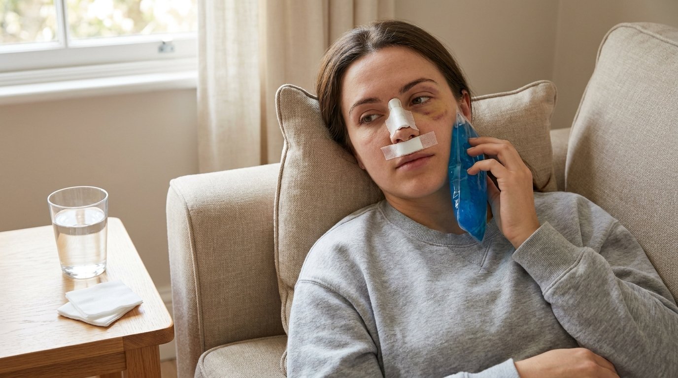 Woman with a nasal splint and drip pad holding a cold compress to her cheek in the first days after rhinoplasty