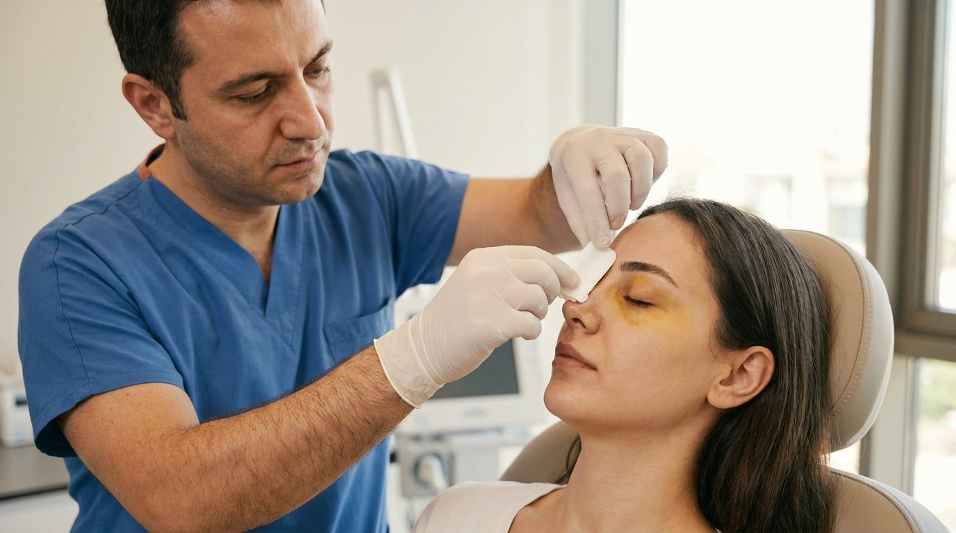 Surgeon removing the nasal splint at a follow-up visit before the rhinoplasty patient flies home