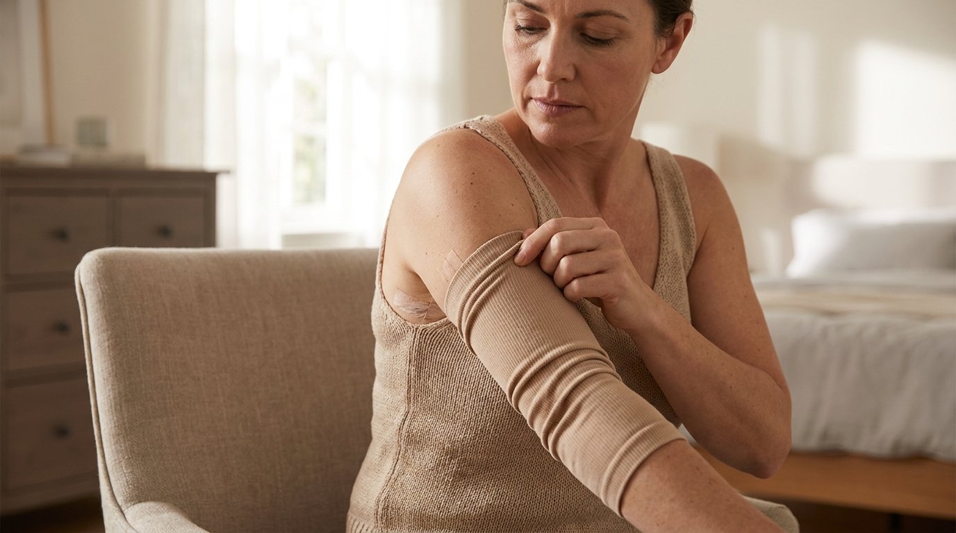 Woman putting a medical compression sleeve on her upper arm after arm lift surgery