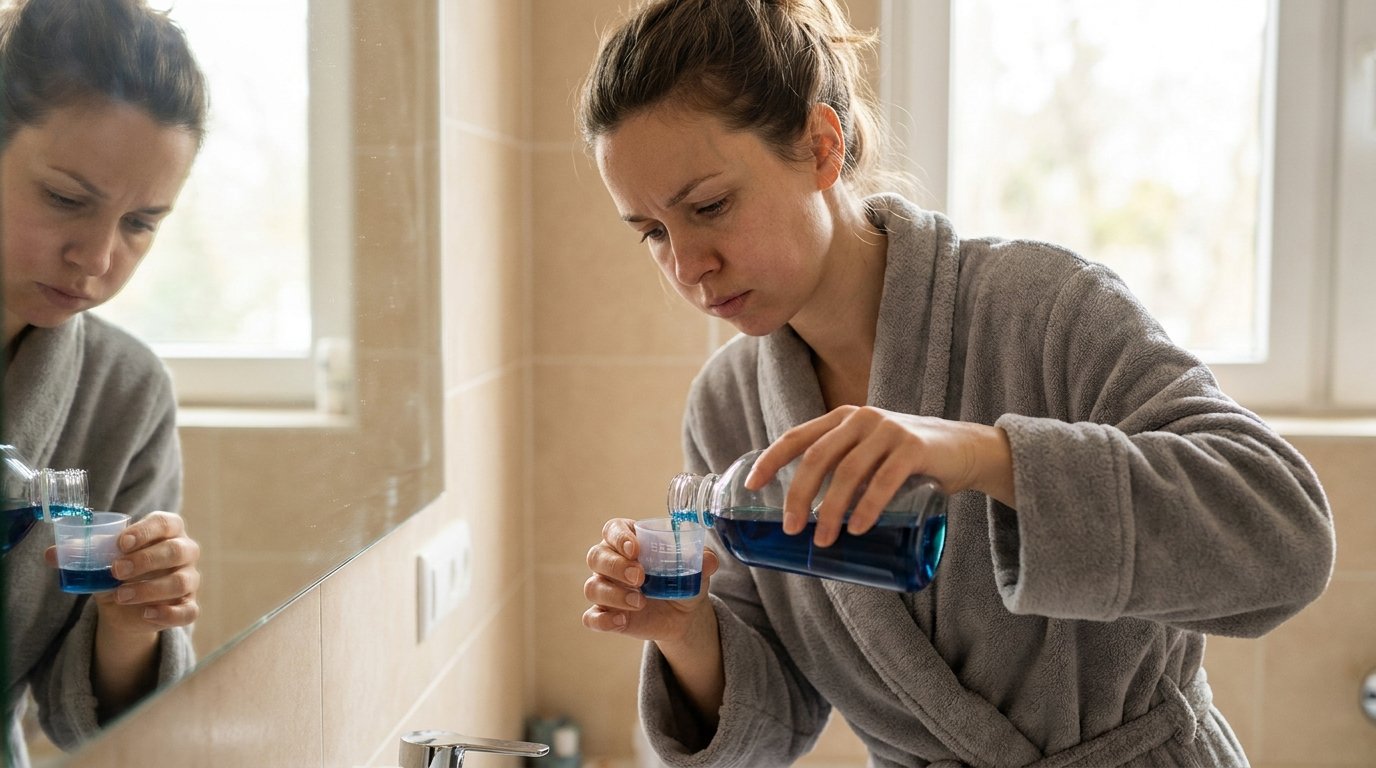 Woman with slightly swollen cheeks measuring antiseptic mouthwash after buccal fat removal