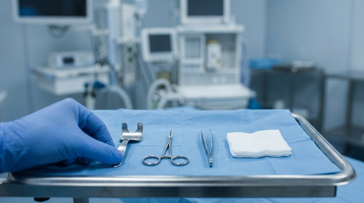 Sterile tray of small instruments used for buccal fat removal through the mouth