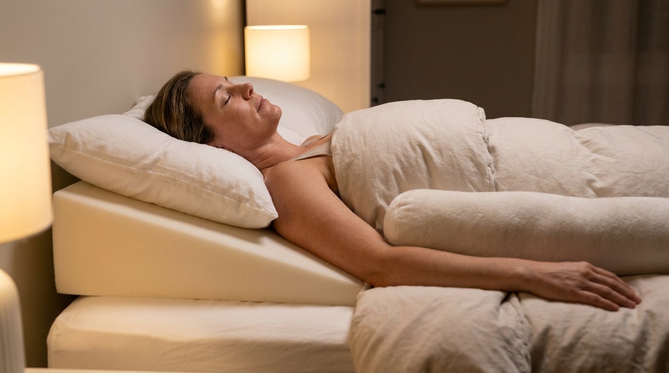 Woman sleeping on her back with her upper body raised on a wedge pillow after a breast lift
