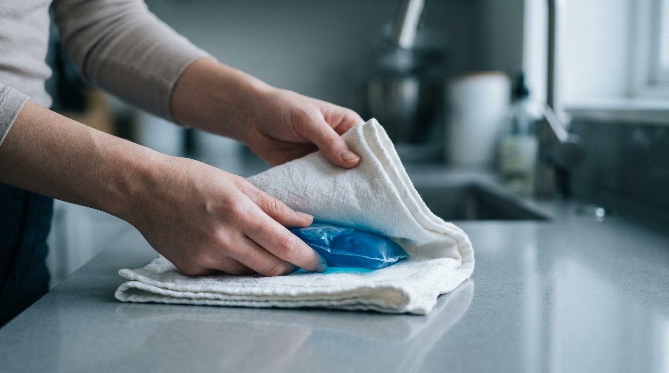 Hands wrapping a gel ice pack in a soft cloth before use during labiaplasty recovery