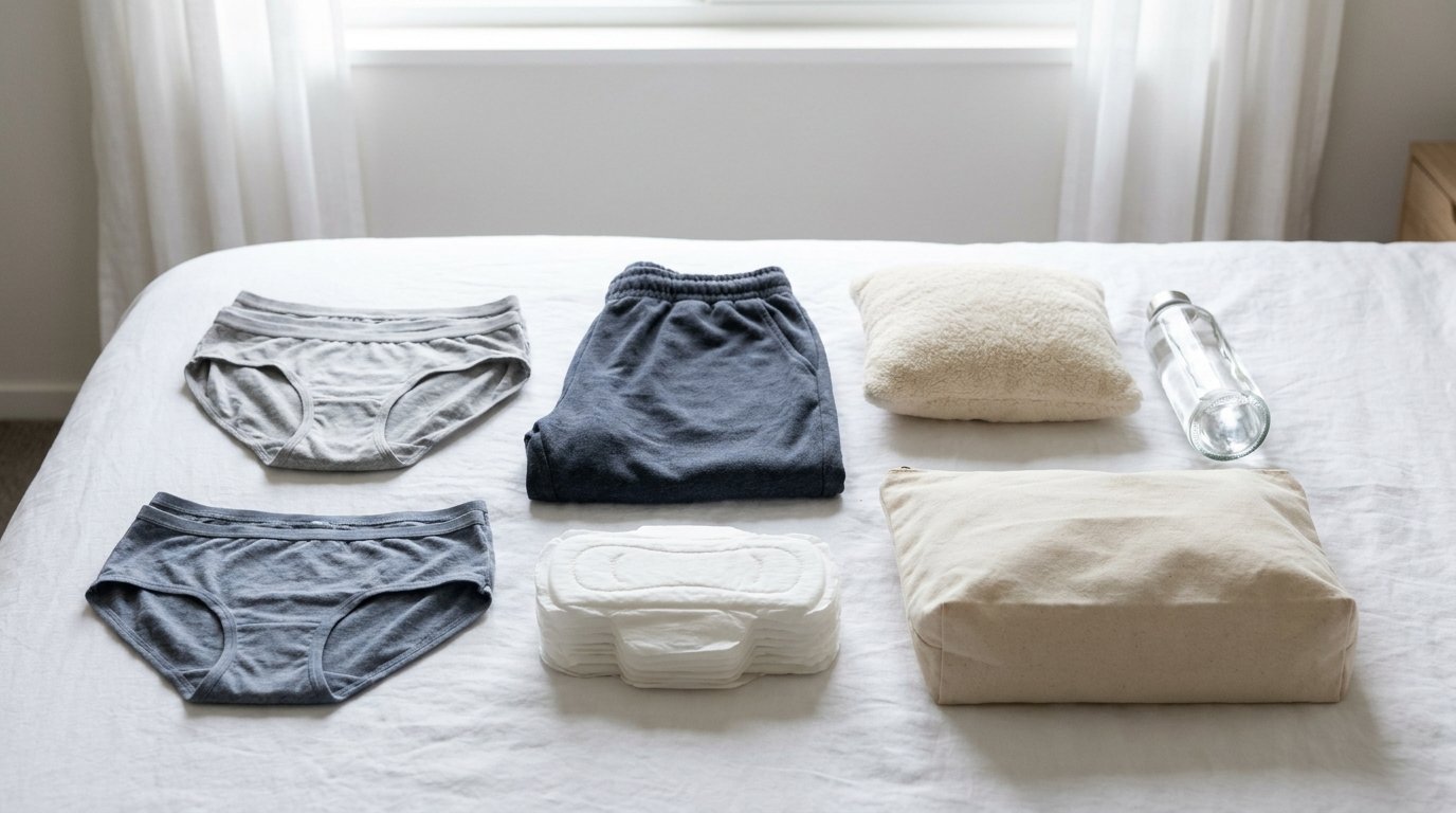 Recovery kit for labiaplasty laid out on a bed: soft cotton underwear, loose trousers, pads and a cushion
