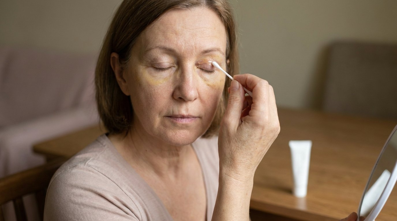 Woman applying prescribed ointment along her upper eyelid crease after blepharoplasty