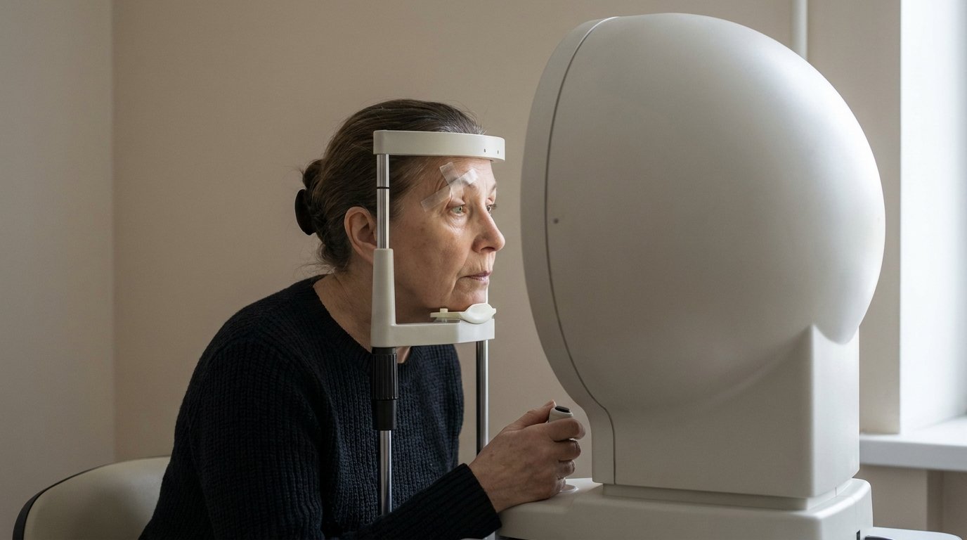 Patient at a visual field testing machine with her upper eyelid taped up
