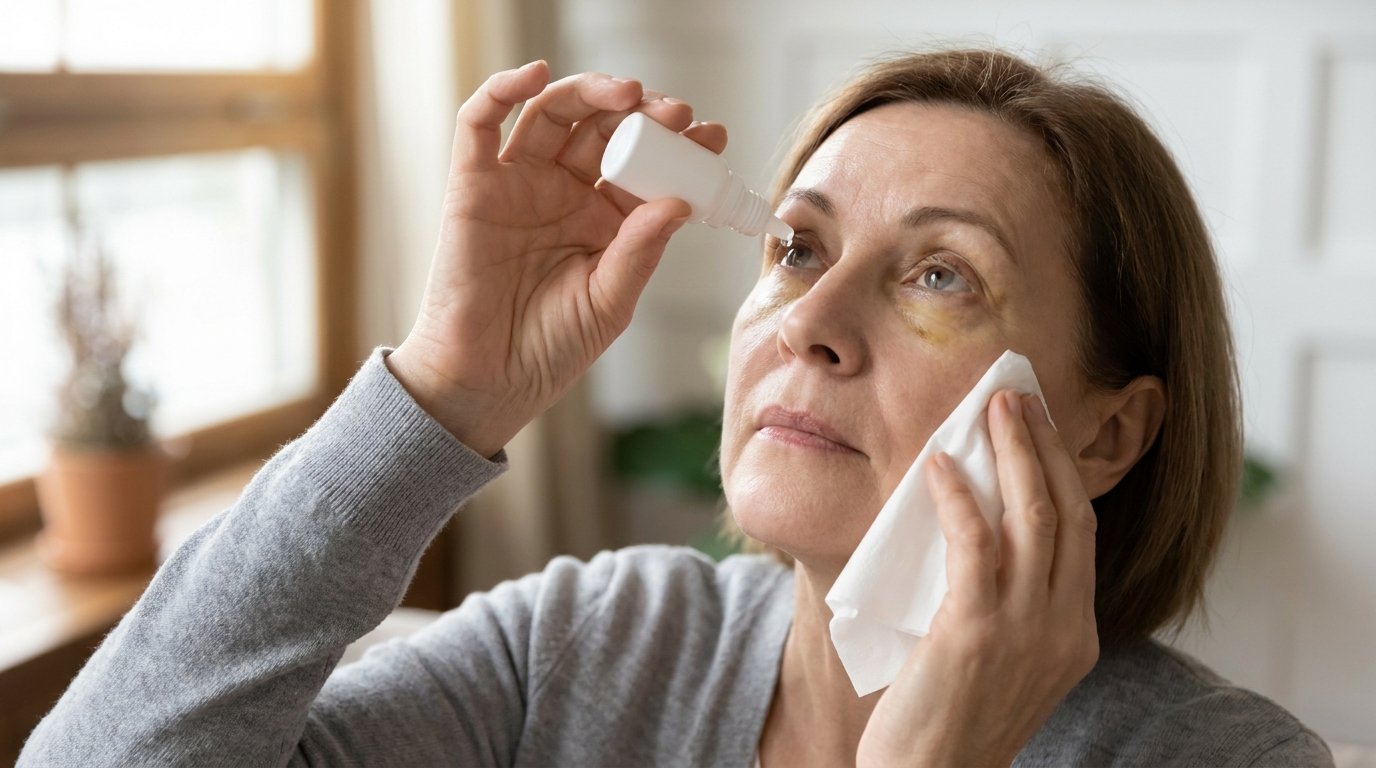Woman applying lubricating eye drops during lower eyelid blepharoplasty recovery