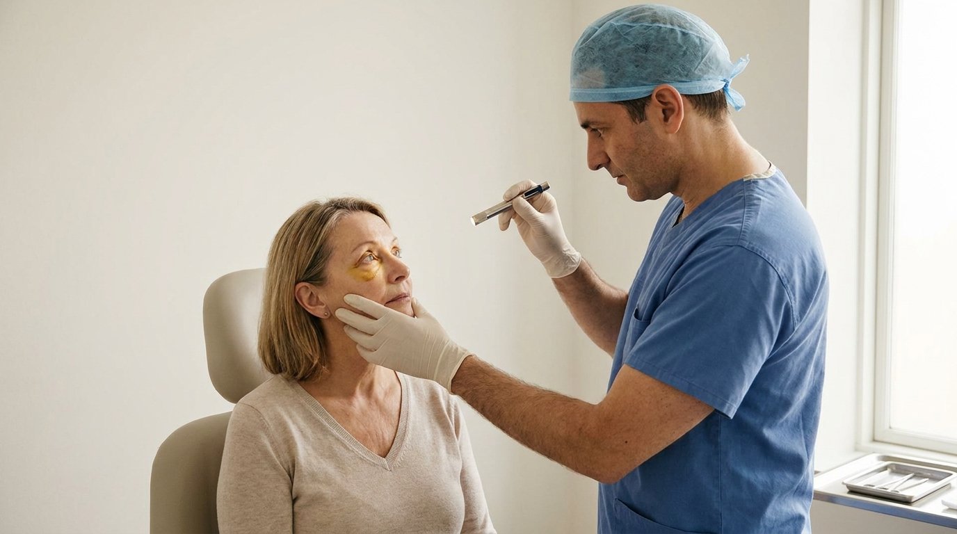 Surgeon examining a patient's lower eyelids with a penlight before clearing her to travel
