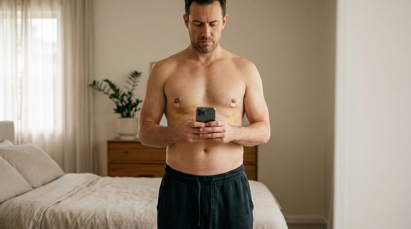 Man taking a progress photo of his healing chest during gynecomastia recovery
