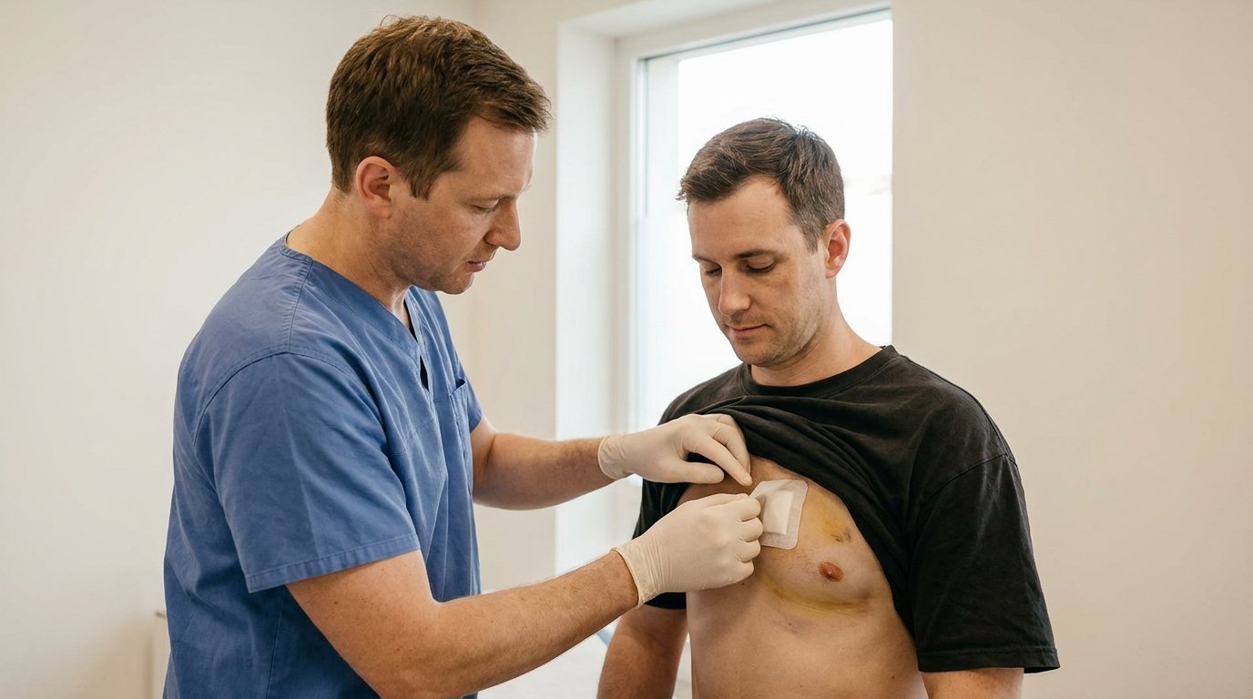 Surgeon checking the chest dressing of a patient at the first-week gynecomastia review