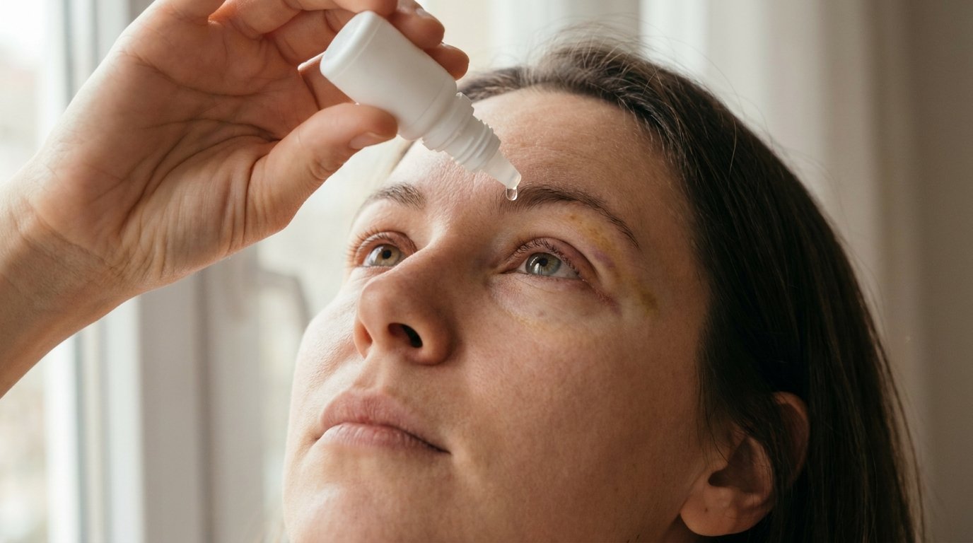 Woman applying lubricating eye drops with mild swelling at the outer eye corner after canthopexy