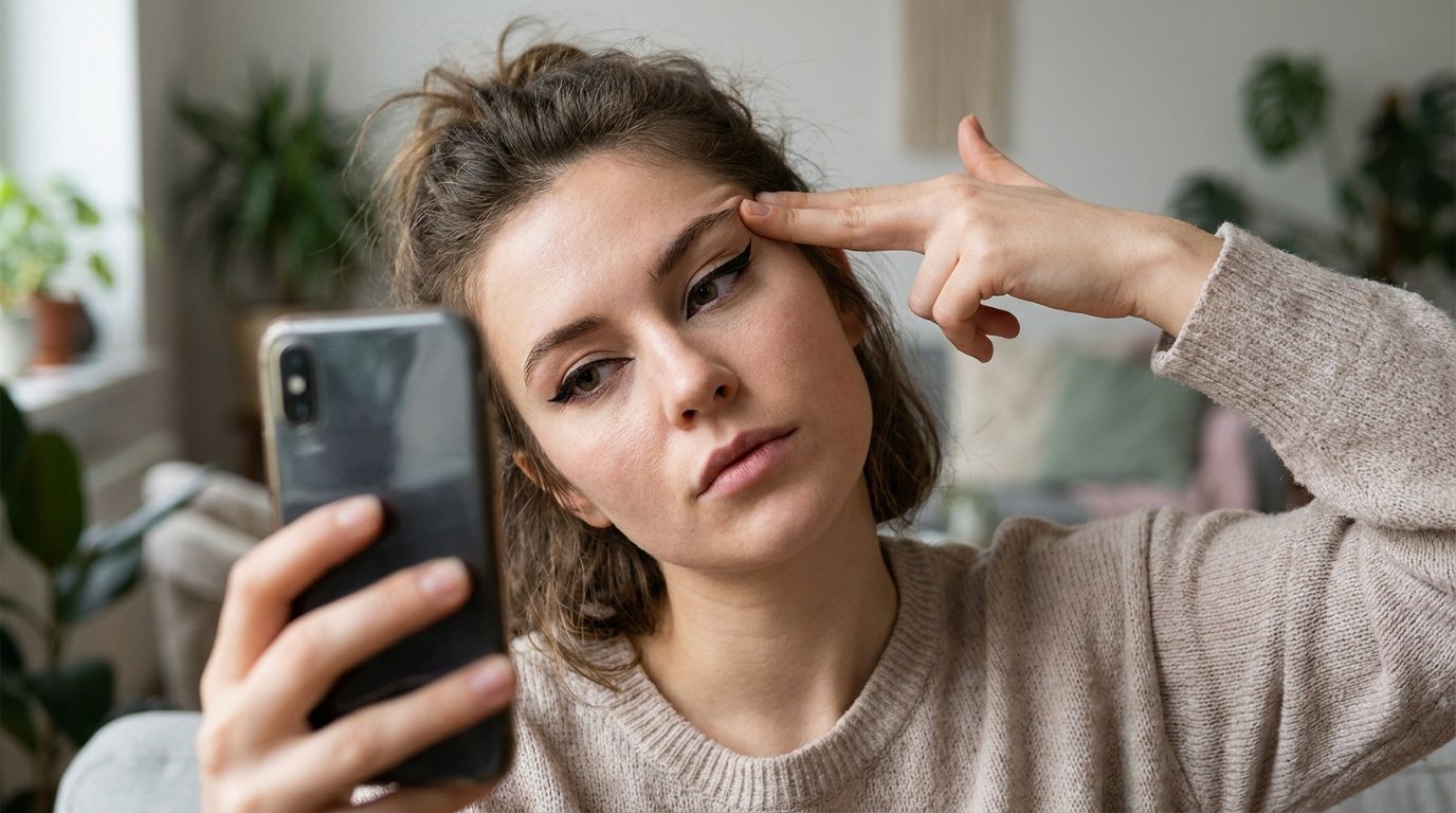 Woman doing the fox-eye pose, pulling her outer eye corner upward while taking a selfie