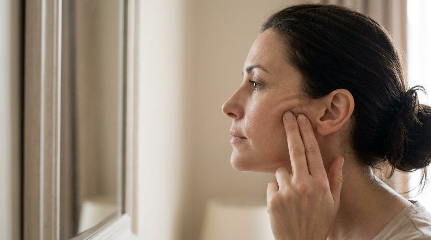 Woman testing a mini facelift effect by gently lifting the skin near her ear in the mirror
