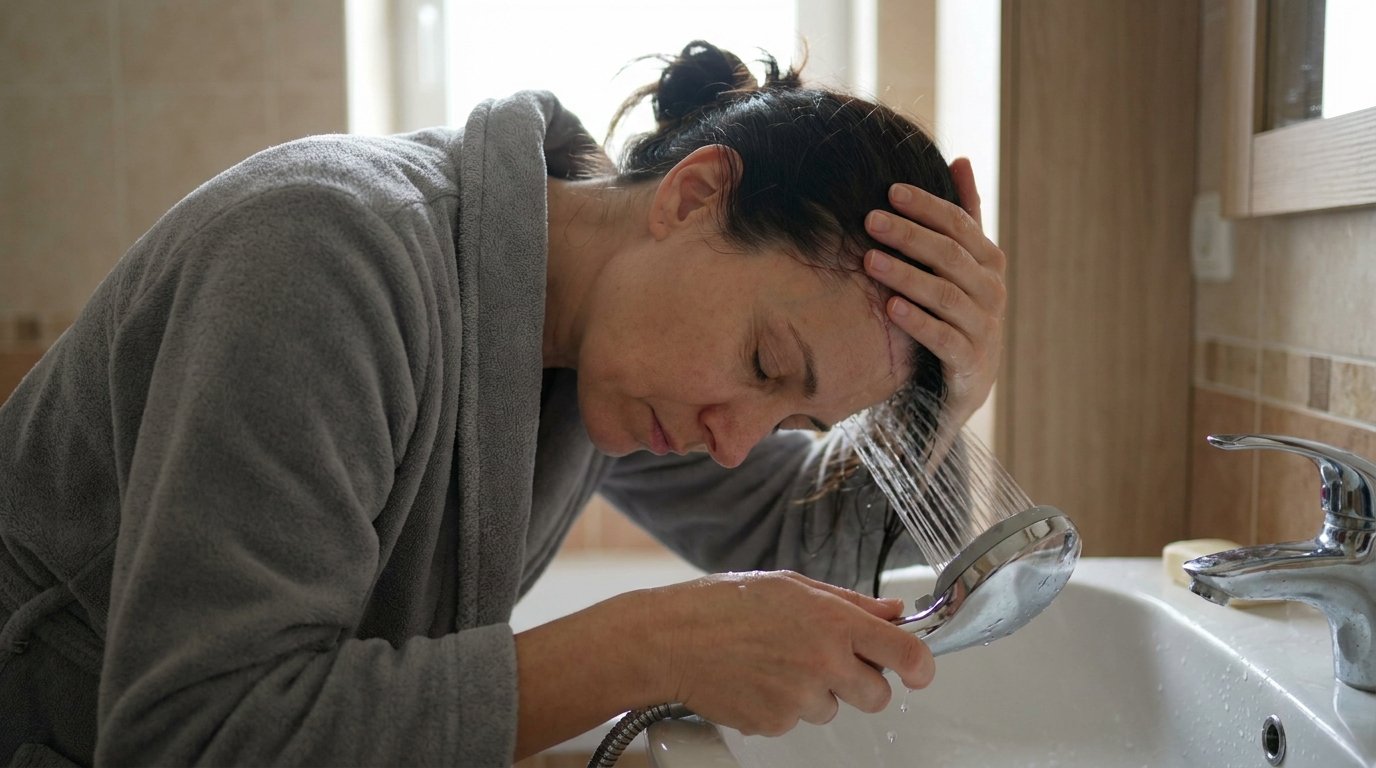 Woman shielding her temple incision while gently washing her hair after a temporal lift