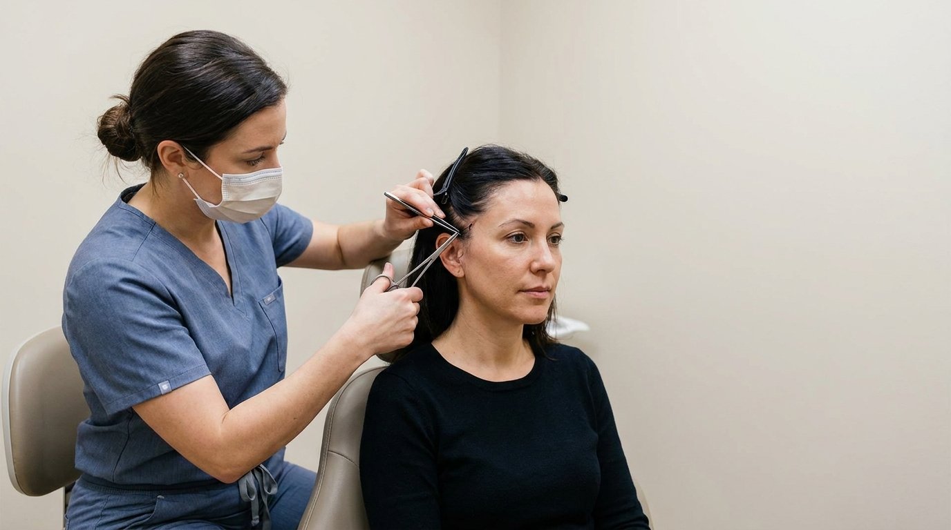 Clinician removing fine stitches at the temple hairline after a temporal lift