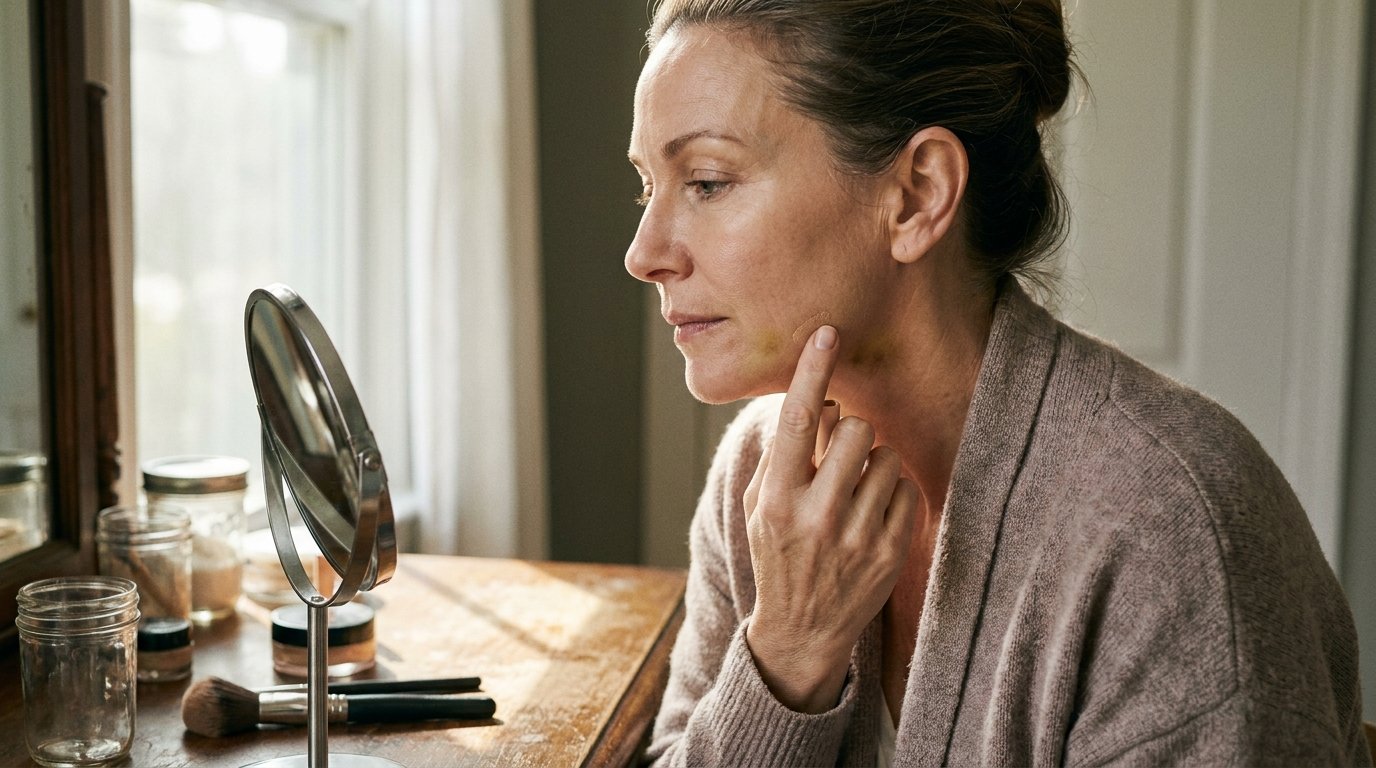 Woman covering a fading jawline bruise with concealer during facelift recovery