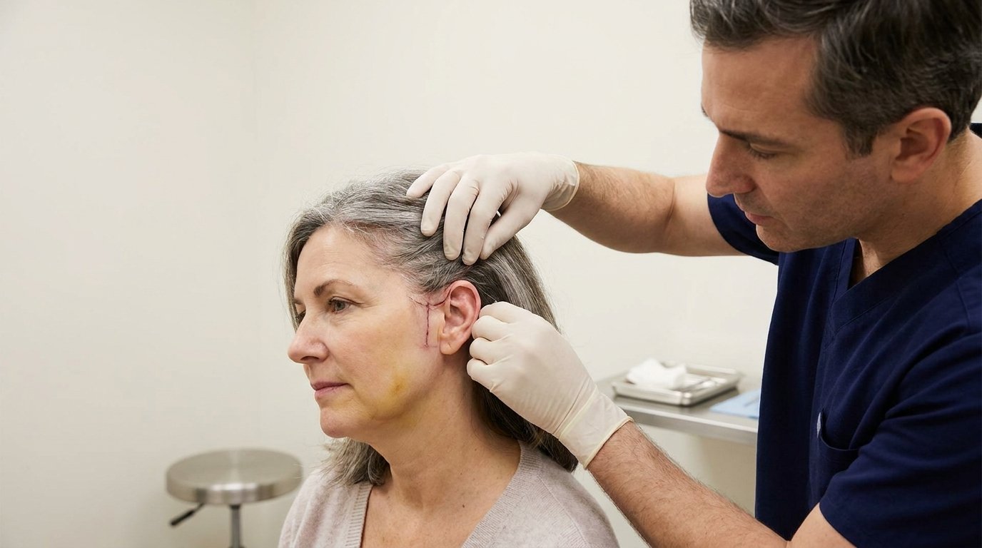 Surgeon checking the incision line in front of a patient's ear after a facelift