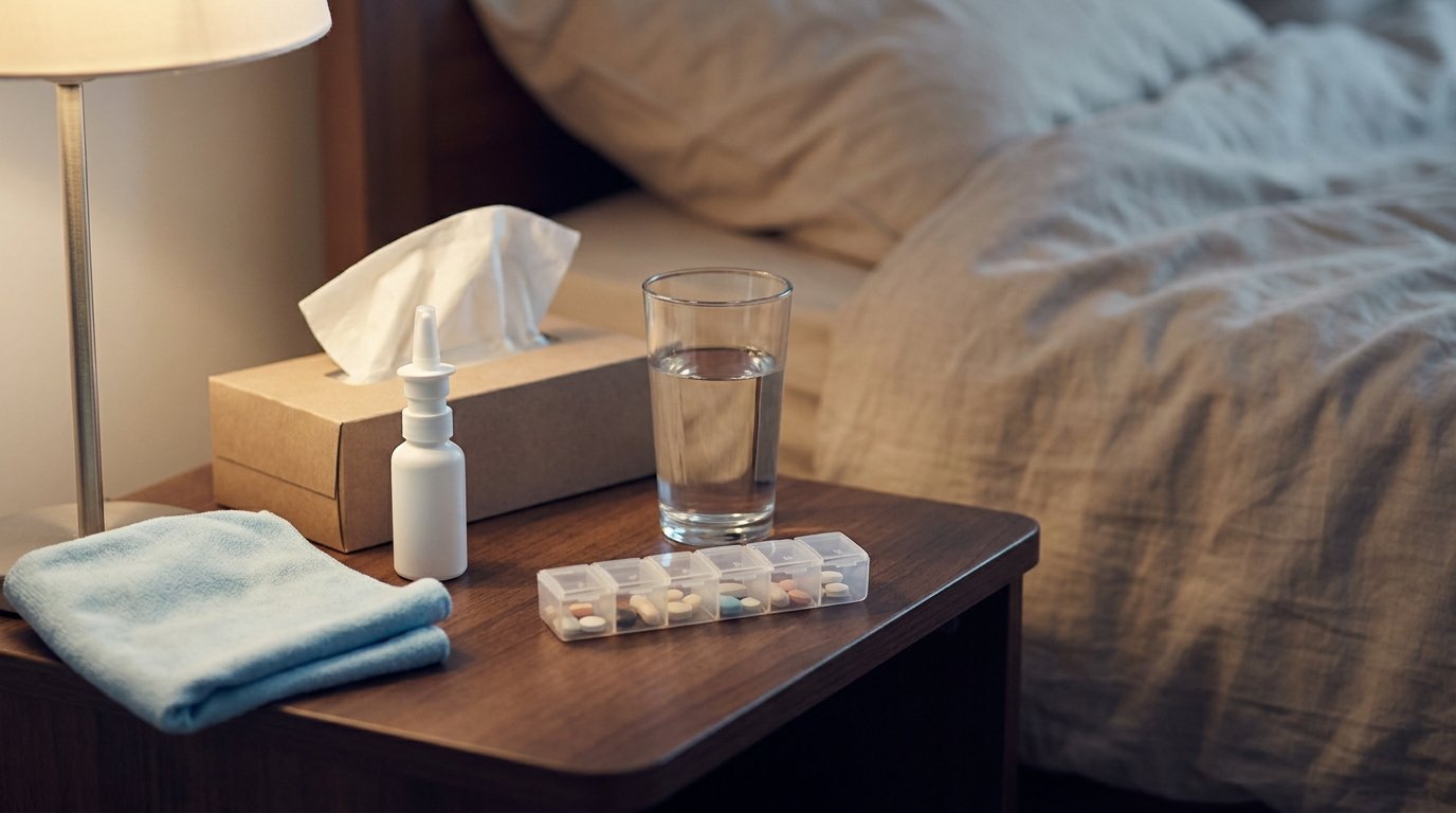 Bedside table prepared with saline spray, tissues, water and medicines for turbinate reduction recovery