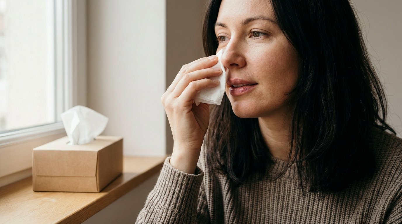 Woman gently dabbing her nose with a tissue instead of blowing it after turbinate reduction
