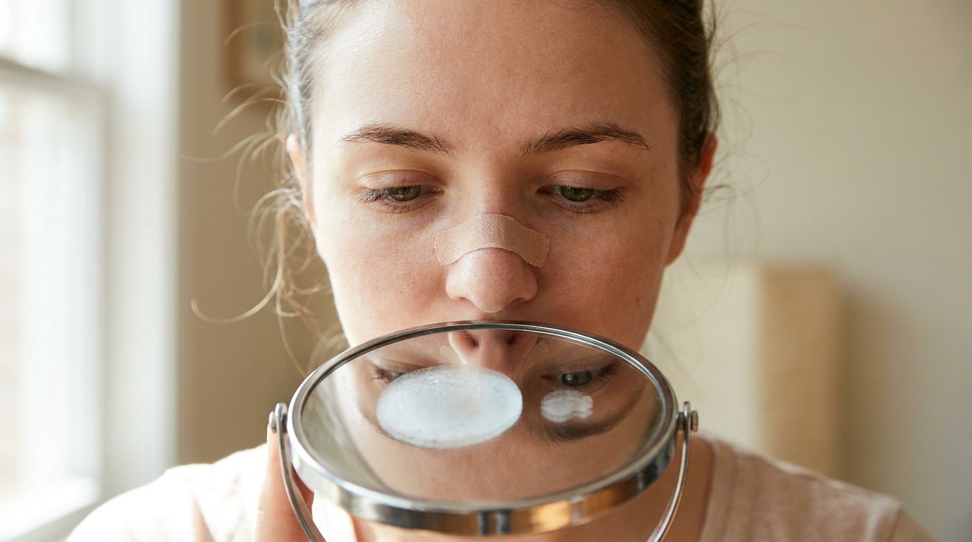 Woman checking her breathing after rhinoplasty by fogging a small mirror under her nose, one side fogging more