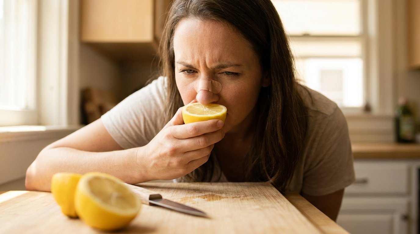 Woman smelling a fresh lemon and noticing reduced smell during rhinoplasty recovery