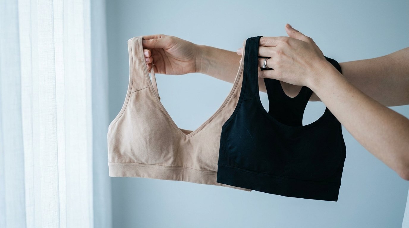 Hands comparing a soft bralette with a tight sports bra during nipple correction recovery