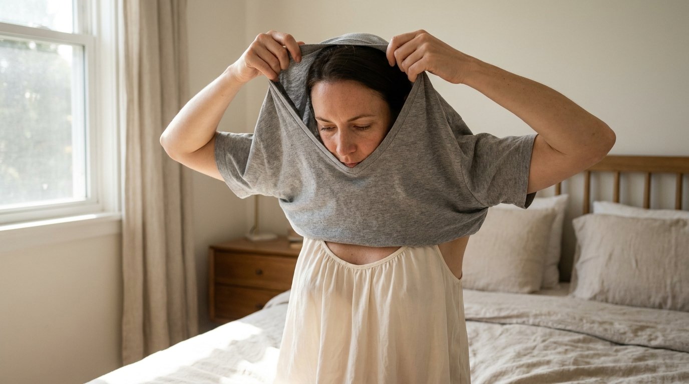 Woman carefully lowering a loose T-shirt over her head without letting it rub during nipple correction recovery