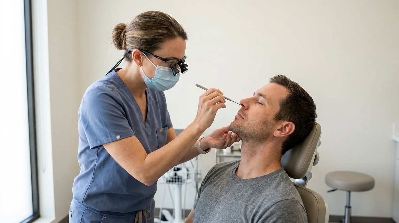 ENT surgeon performing a gentle nasal cleaning visit after turbinate reduction