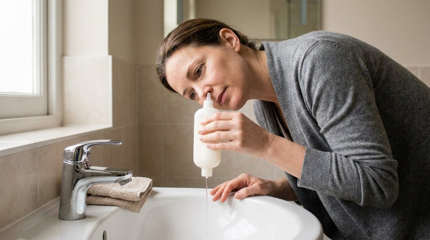 Woman using a saline rinse bottle to soften nasal crusts after turbinate reduction