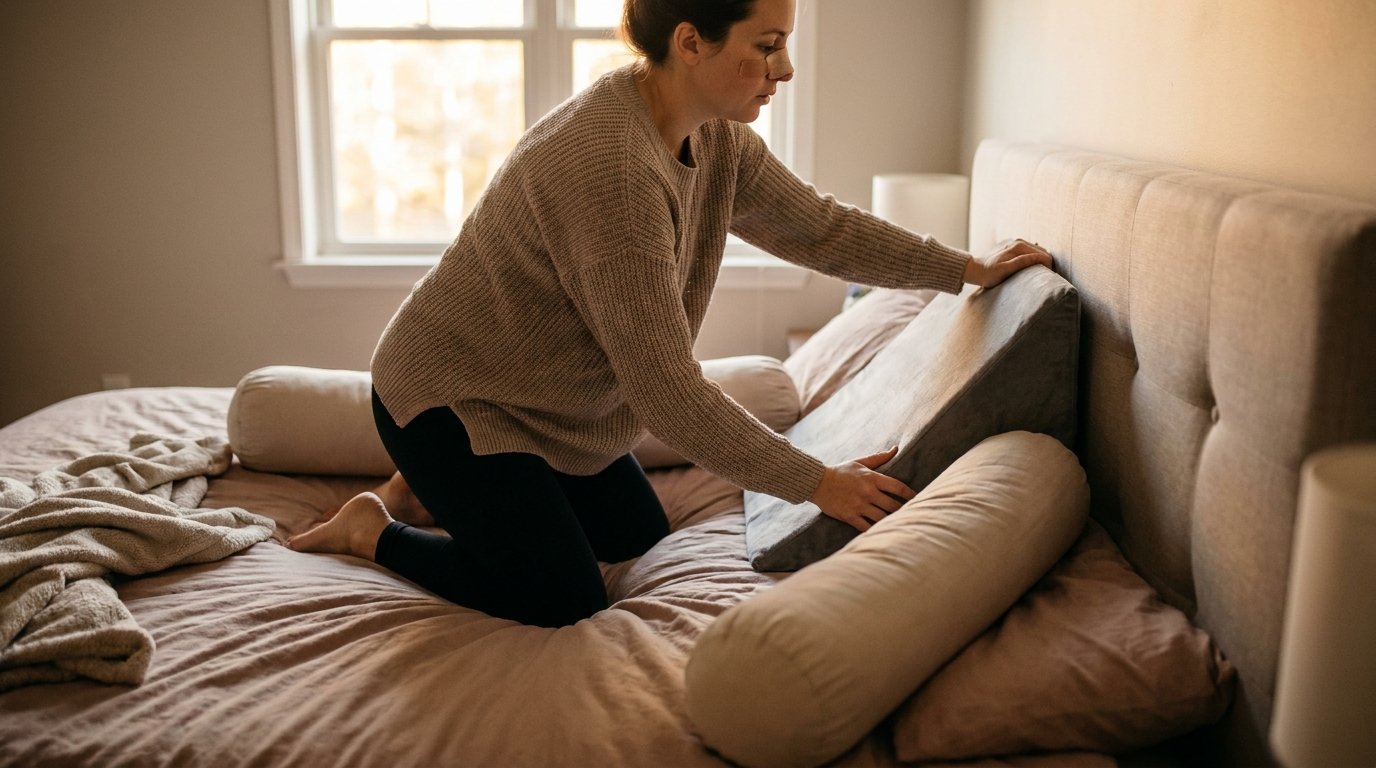 Woman with a nasal splint building a wedge and side-pillow barrier on her bed after rhinoplasty