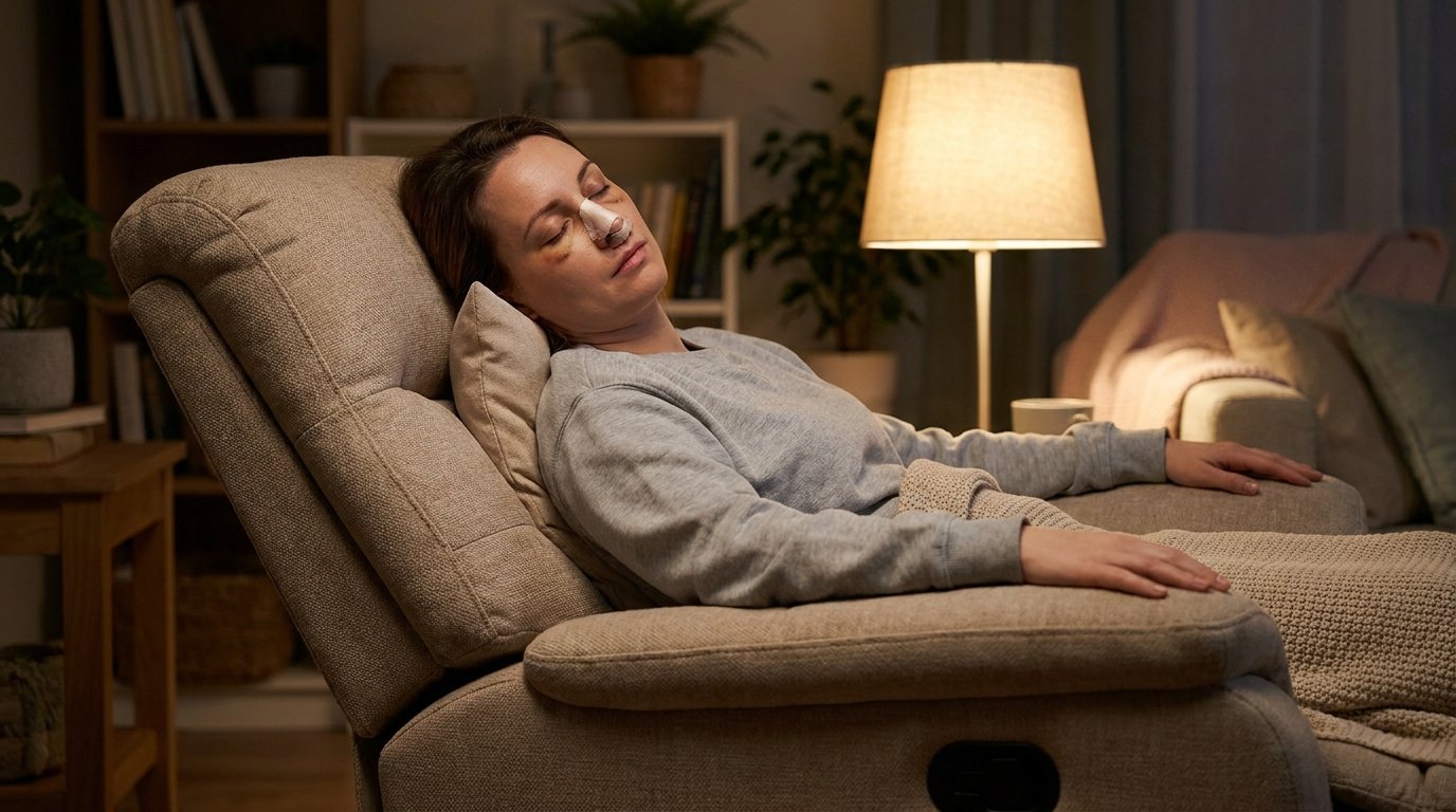 Woman with a nasal splint sleeping semi-upright in a recliner after rhinoplasty