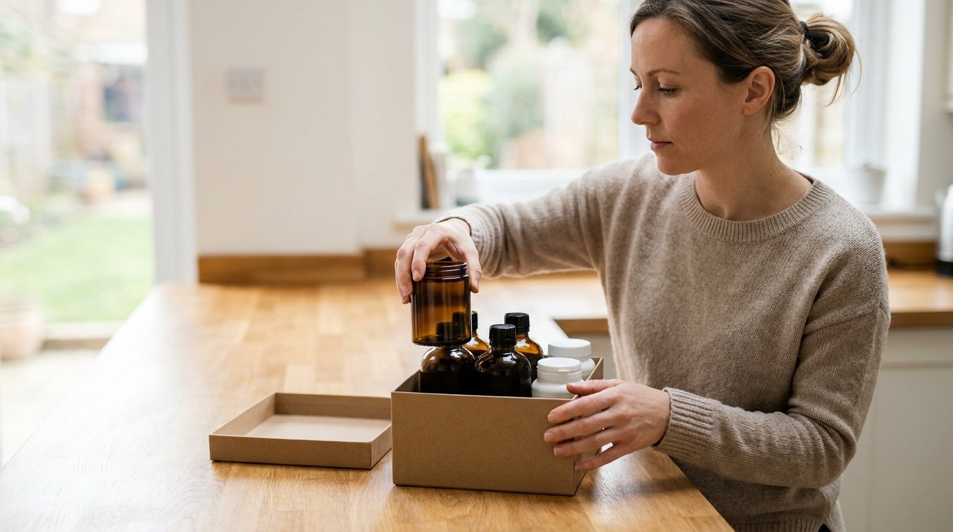 Woman packing away her supplement bottles before rhinoplasty as advised by her surgeon