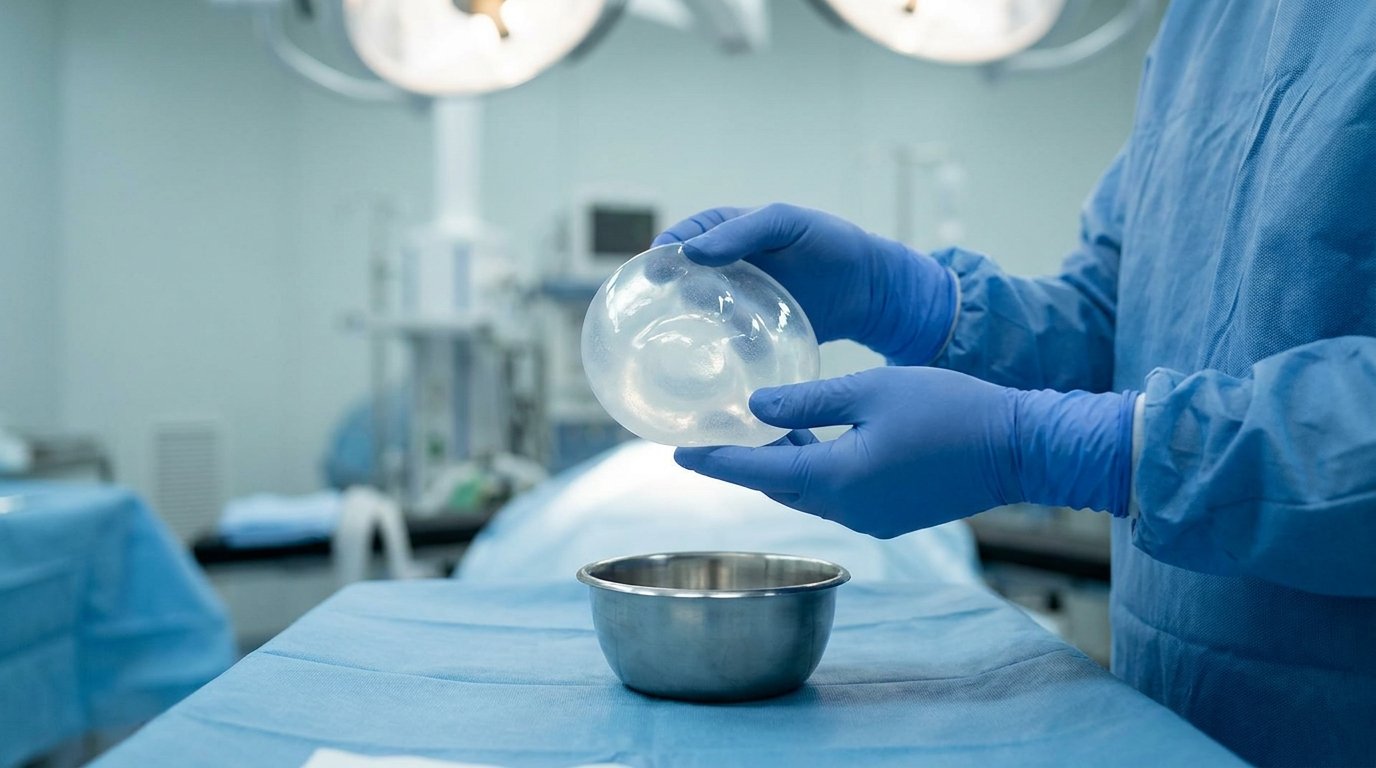 Surgeon's gloved hands holding a removed silicone breast implant over a surgical bowl after explant surgery