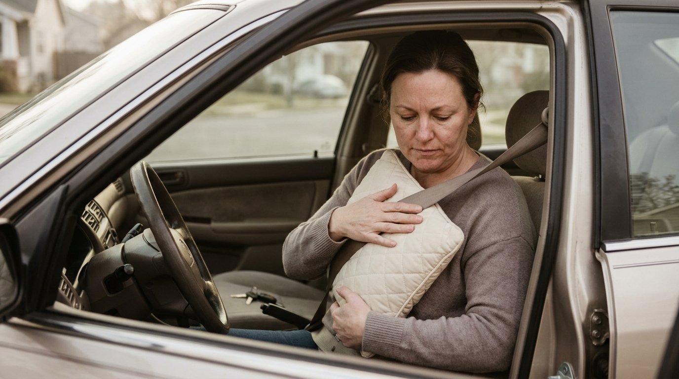 Woman placing a soft cushion between the seatbelt and her chest before driving after breast implant removal