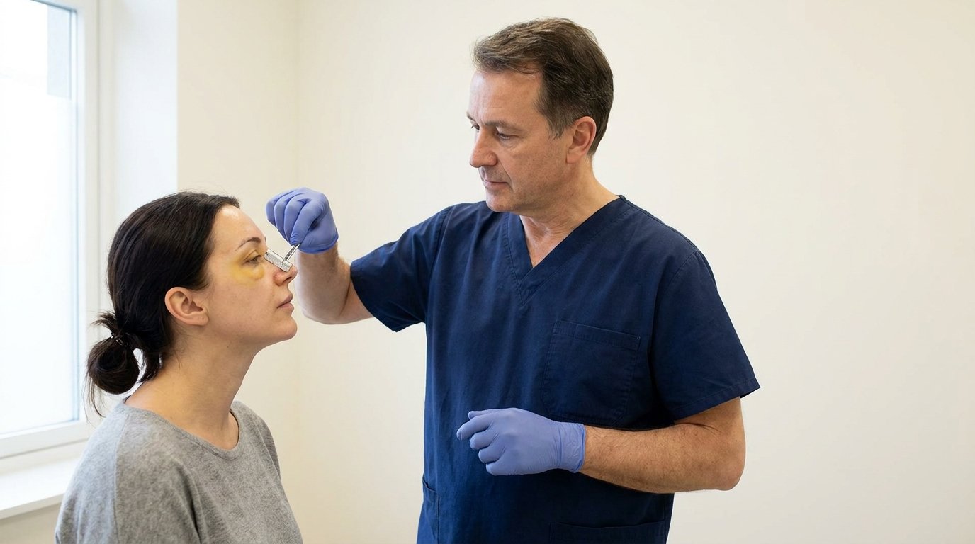 Surgeon removing the nasal splint of a patient after revision rhinoplasty