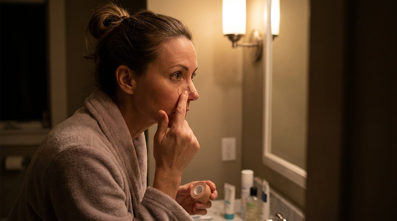 Woman applying surgical tape to her nose tip at night after revision rhinoplasty