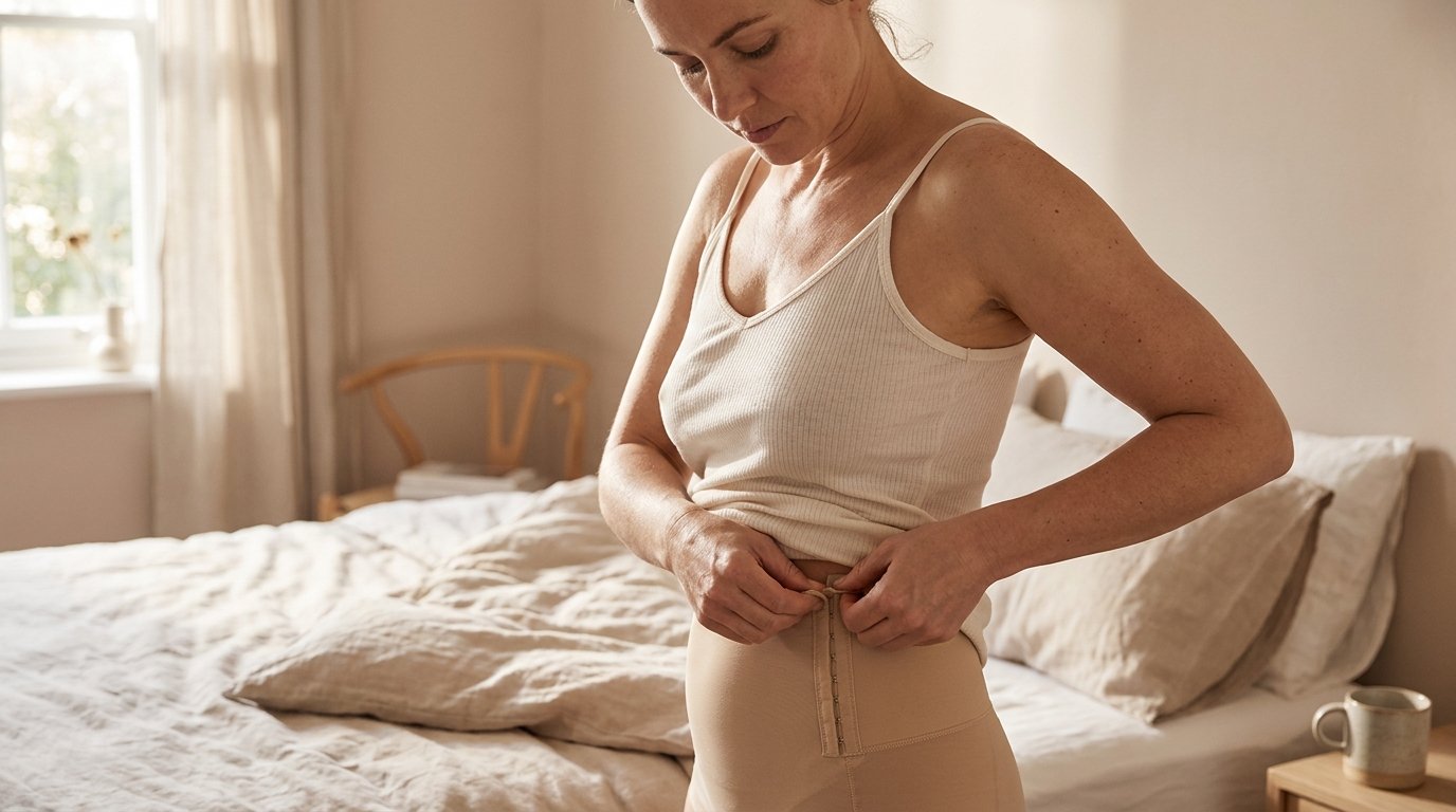 Woman fastening a compression garment over the liposuction donor area after breast fat transfer
