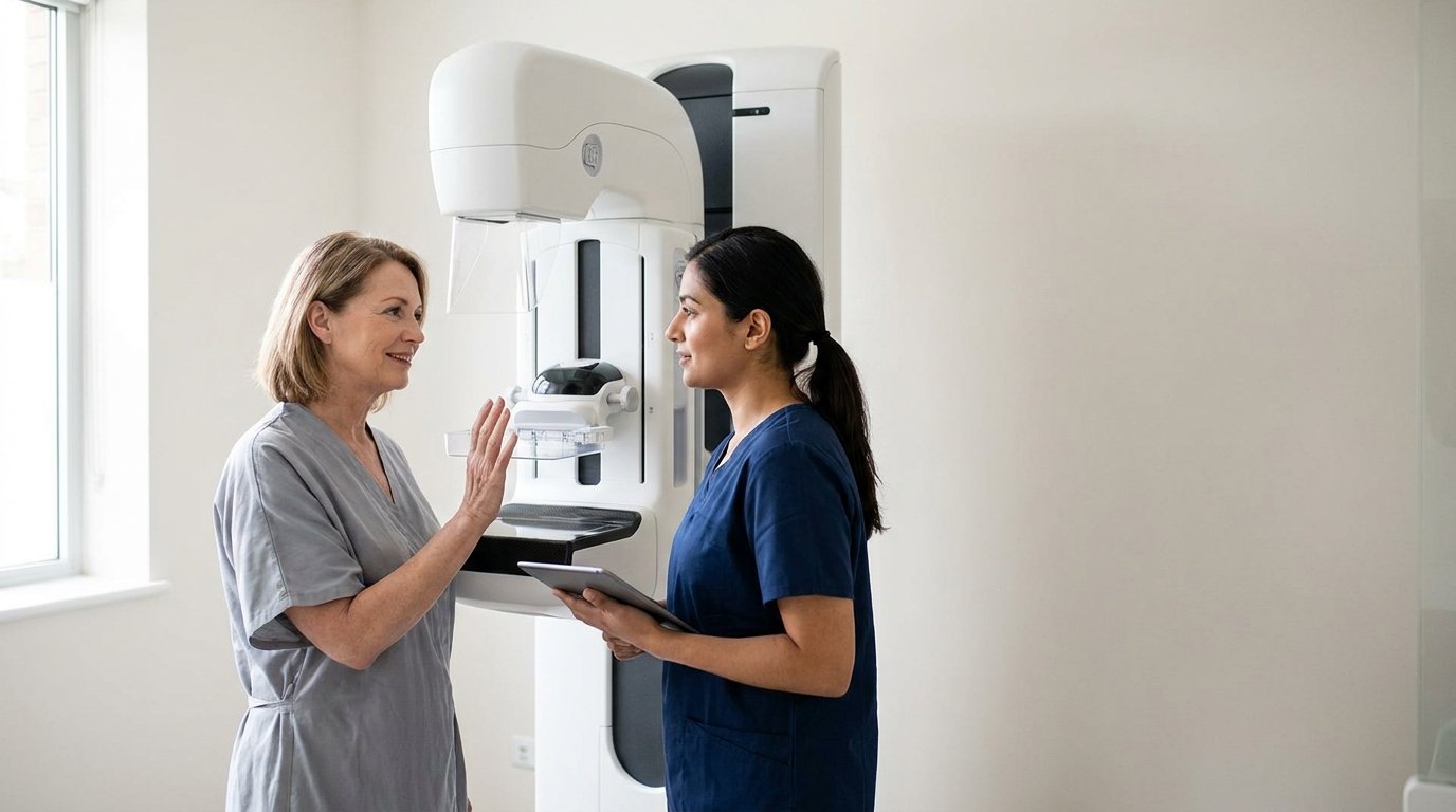 Patient telling the radiographer about her breast fat transfer before a mammogram