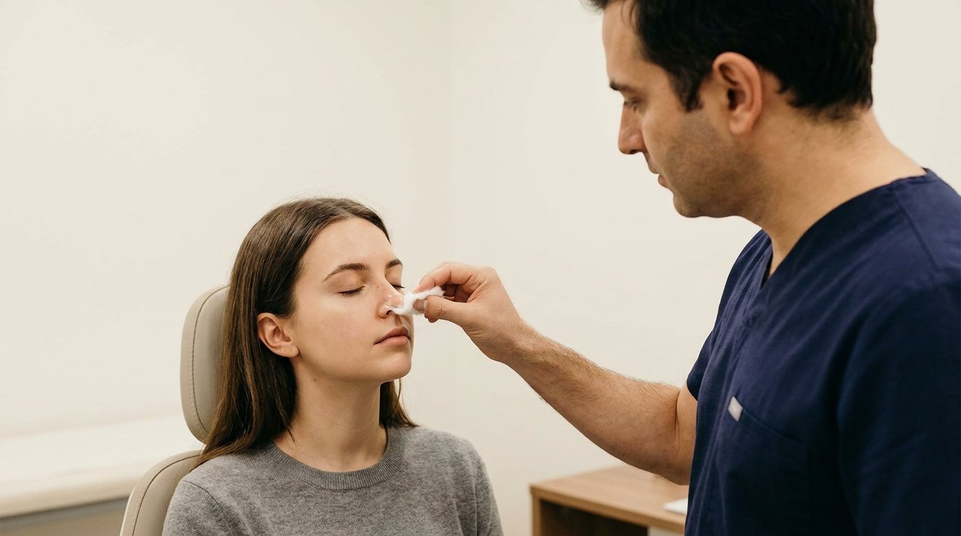 Surgeon testing nose tip sensation with a cotton wisp while the patient keeps her eyes closed